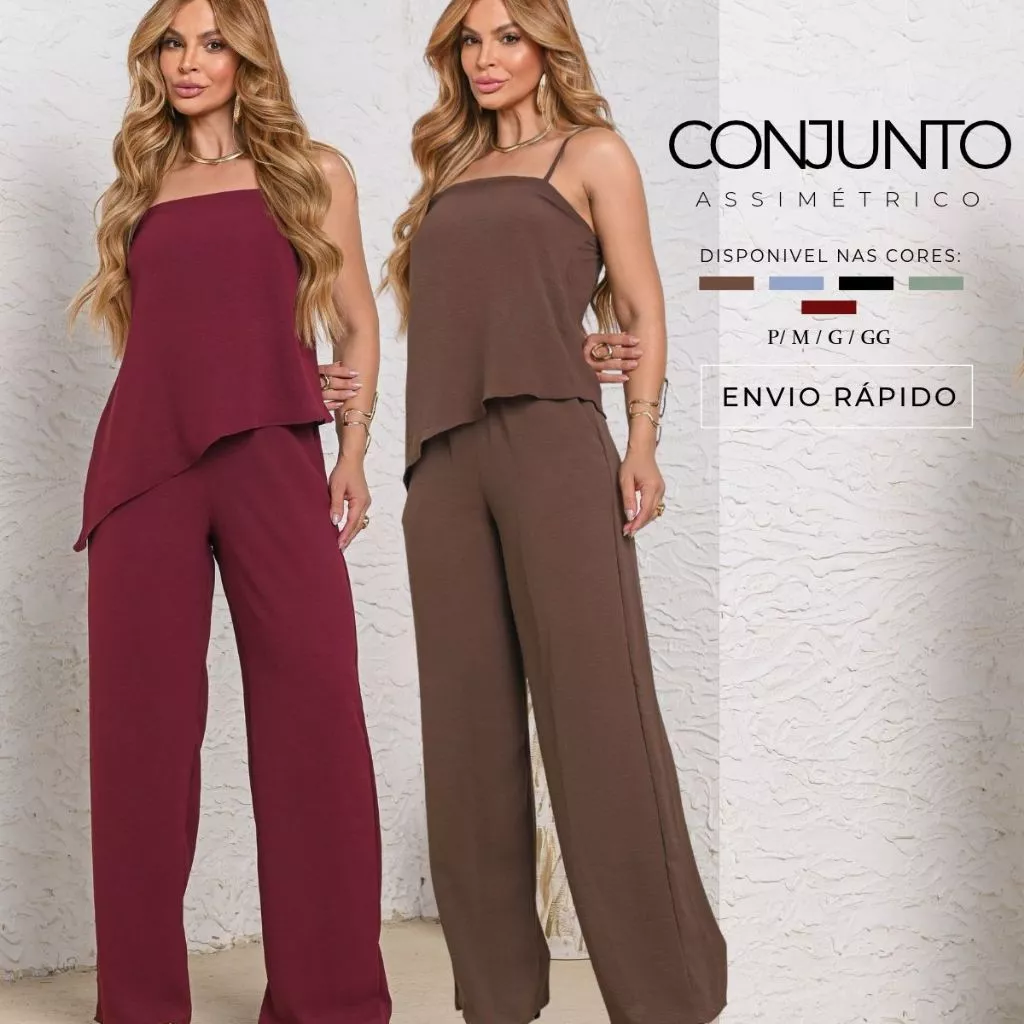 Conjunto Feminino Assimétrico Calça Pantalona Blusa Casual Chic