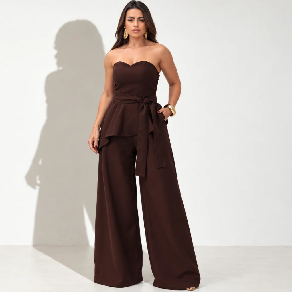 Conjunto Feminino Tomara que Caia Peplum Assimétrico com Faixa Calça Pantalona Elegante Festa Casual Chic