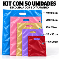 50 Sacolas Plásticas - 16X20 / 20X30 / 25X35 / 30X40 / 40X50 - Boca de Palhaço / Alça Vazada - Loja / Boca Triste