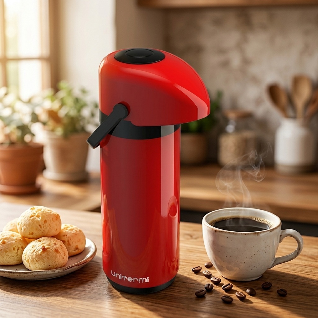 Garrafa Térmica Pressão 1 Litro Unitermi Verona Ampola de Vidro Café Chá Água Quente Bico Antipingo Alça Mesa Escritório