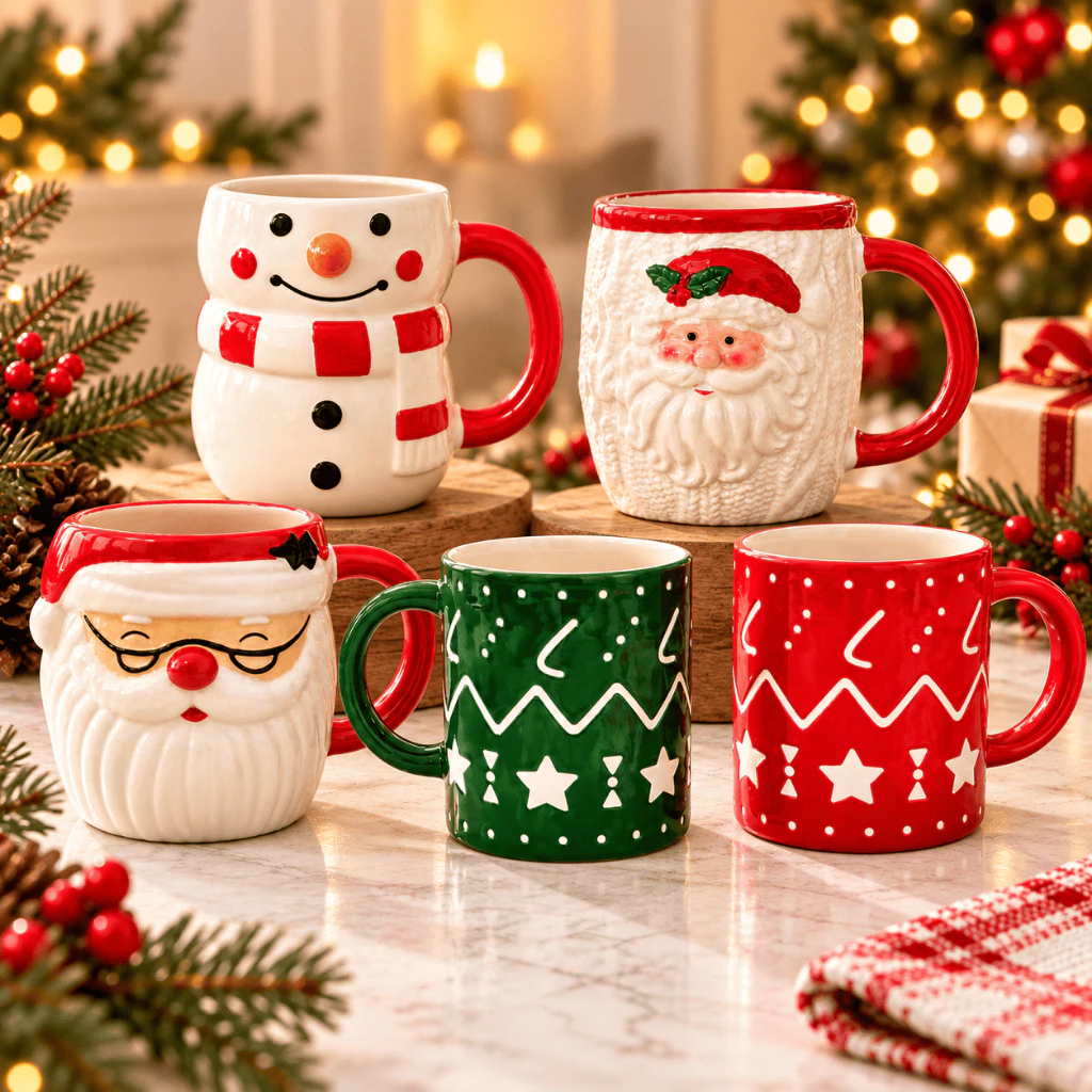 Caneca de Cerâmica Natalina com Alça, Estampa Papai Noel e Boneco de Neve Decoração Natal — imagem 1