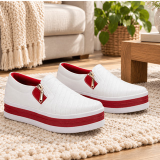 Tenis Slip On Feminino com Zíper Confortável e Estiloso Casual para Dia a Dia Trabalho Tênis Anabela Sintético Borracha