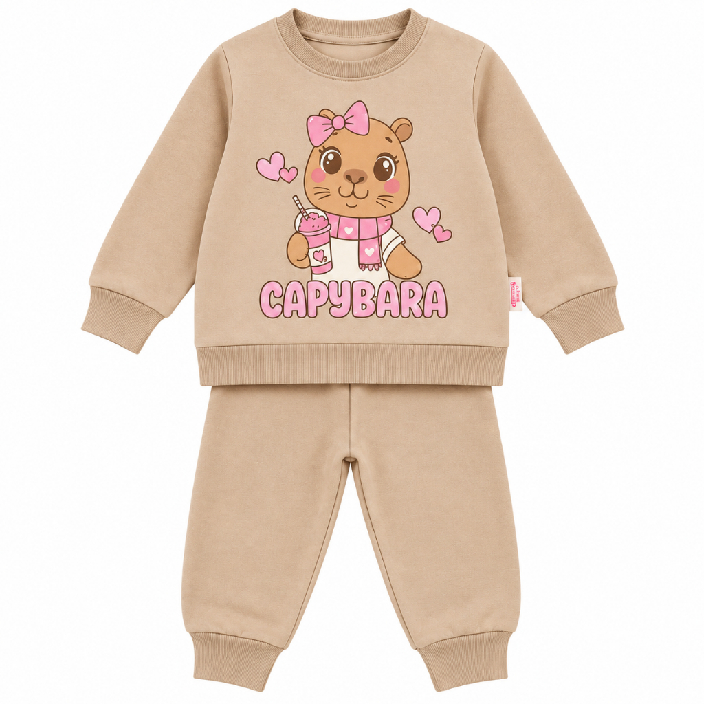 Conjunto Infantil Moletom Menina Capivara Bege Inverno Quentinho e Confortável