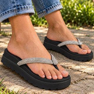 Chinelo De Dedo Feminino Plataforma Brilho Strass Flatform