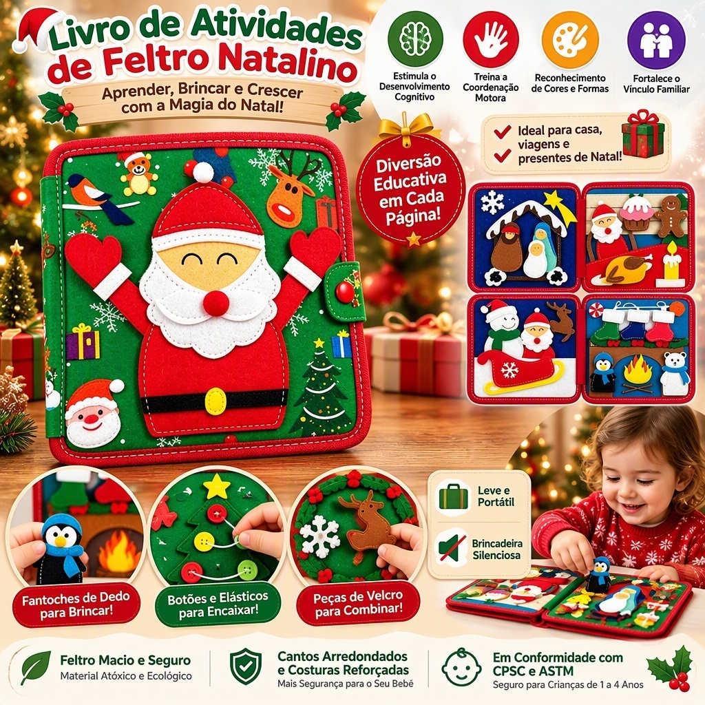 Brinquedo Livro de Feltro Atividades Interativas Portátil Movimento das Mãozinhas para Crianças 1 a 5 Anos