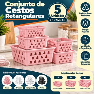 Kit 5 Cesto Organizador Retangular P/M/G Multiuso Design Versátil Decorativo Prático