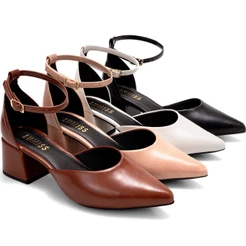 Scarpin Feminino Lumiss Sapato Bico Fino Salto Bloco Médio Confortável Fivela Elegante