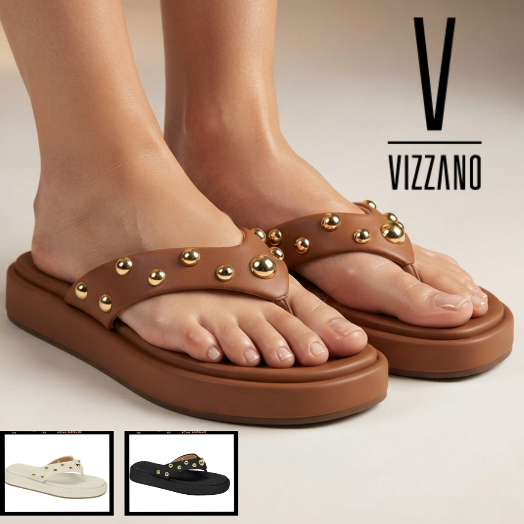 Chinelo Vizzano Feminino Tamanco Plataforma Reta Tachas Douradas Moderno De Dedo Casual Confortável Original