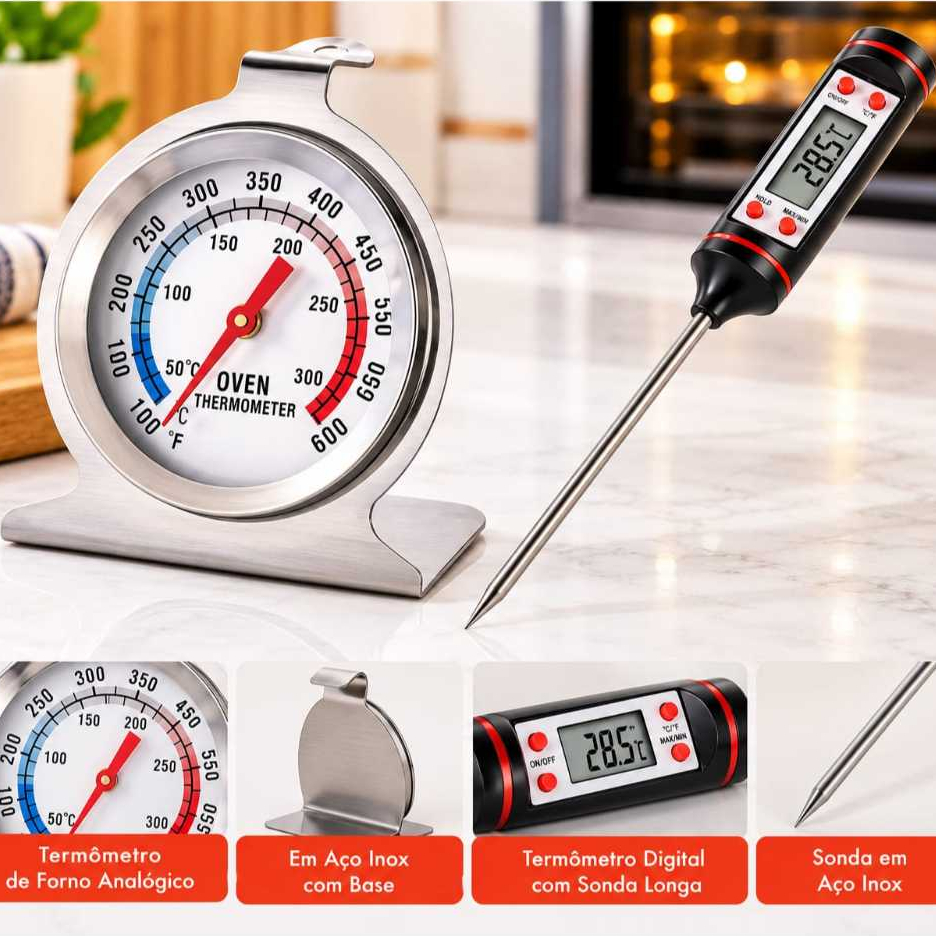 KIT Termômetro Para Forno Aço Inox Analógico até 300°C + Termômetro Culinário Digital Espeto