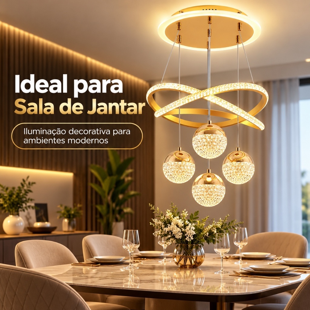 Lustre de Cristal LED 3 Cores - Tensão Universal 110V-220V, Ideal para Sala de Estar e Jantar O16