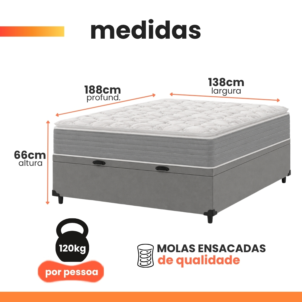 Cama Box Baú Casal Molas Ensacadas Pillow Top 138x188x66cm Martino Cinza Umaflex · foto 2