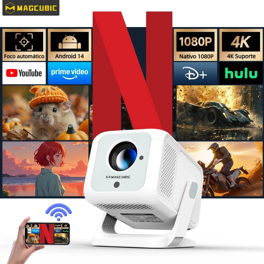 Projetor Magcubic HY310X 1080P 4K 420 ANSI Foco Automático Android 14 WiFi 6 Bluetooth 5.4 Mini Projetor