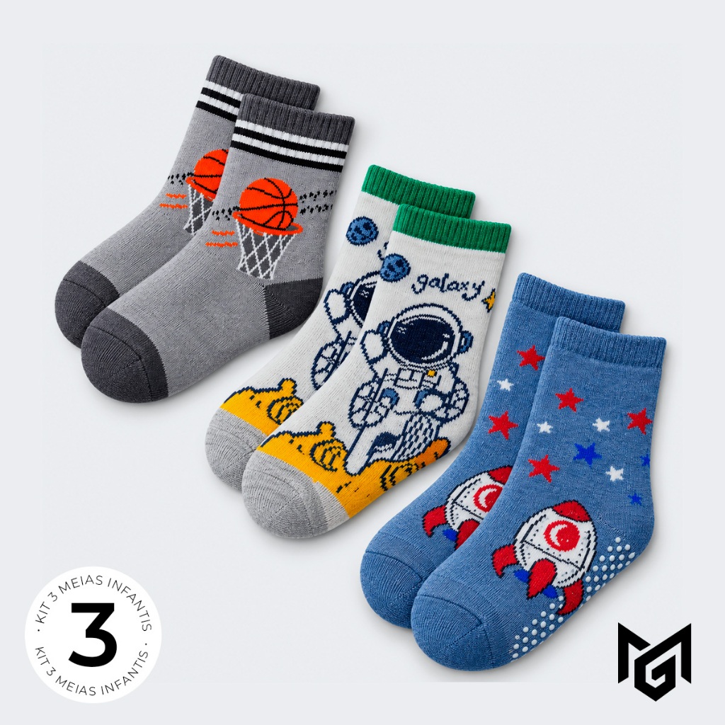 Kit 3 Pares Meias Infantil Masculina Menino Antiderrapante Cano Médio Estampadas Sortidas Confortáveis
