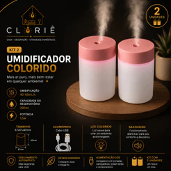 Kit 2 Mini Umidificador Difusor De Aroma Abajur LED RGB Escritório Luminária Mesa Luz Noturna