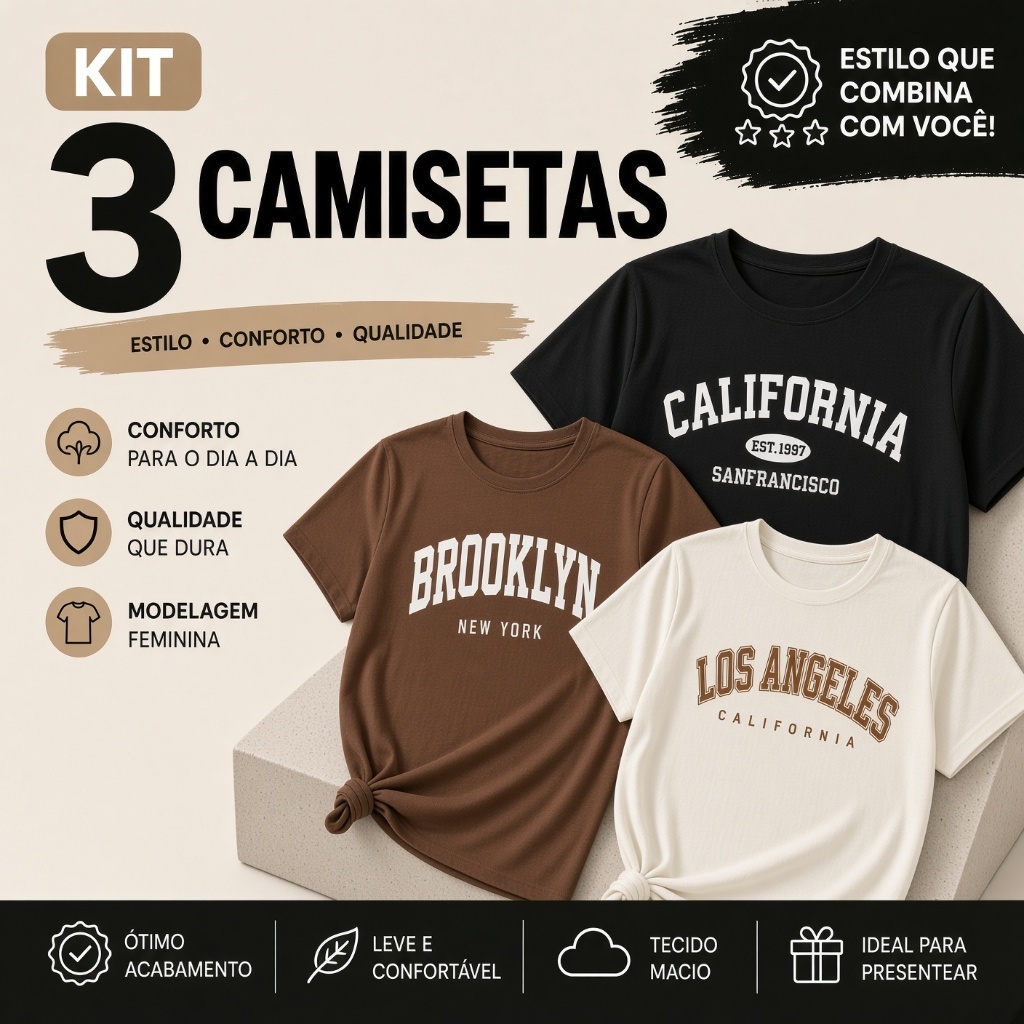 Kit 3 Camisetas Femininas California Brooklyn Los Angeles College Estampadas Algodão Baby Look Oversized