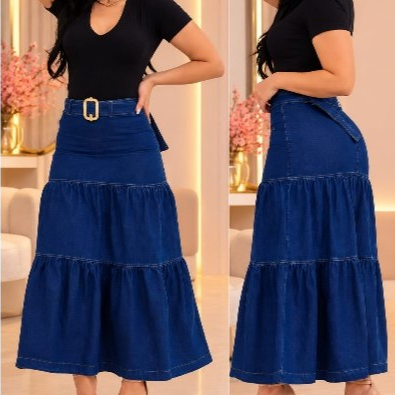 Saia Jeans Evangélica Feminina Tres Marias Plus Size com Elástico de Ajuste na Cintura do 38 ao 54