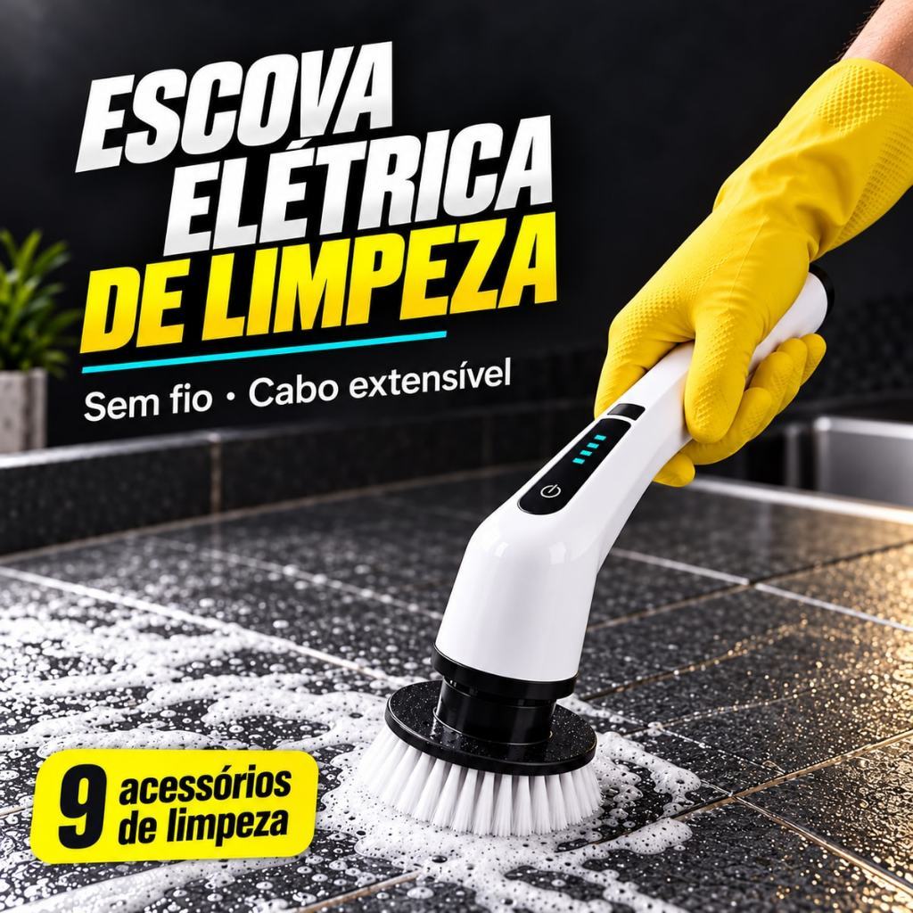 Escova Elétrica de Limpeza Giratória Sem Fio Recarregável com Cabo Extensível