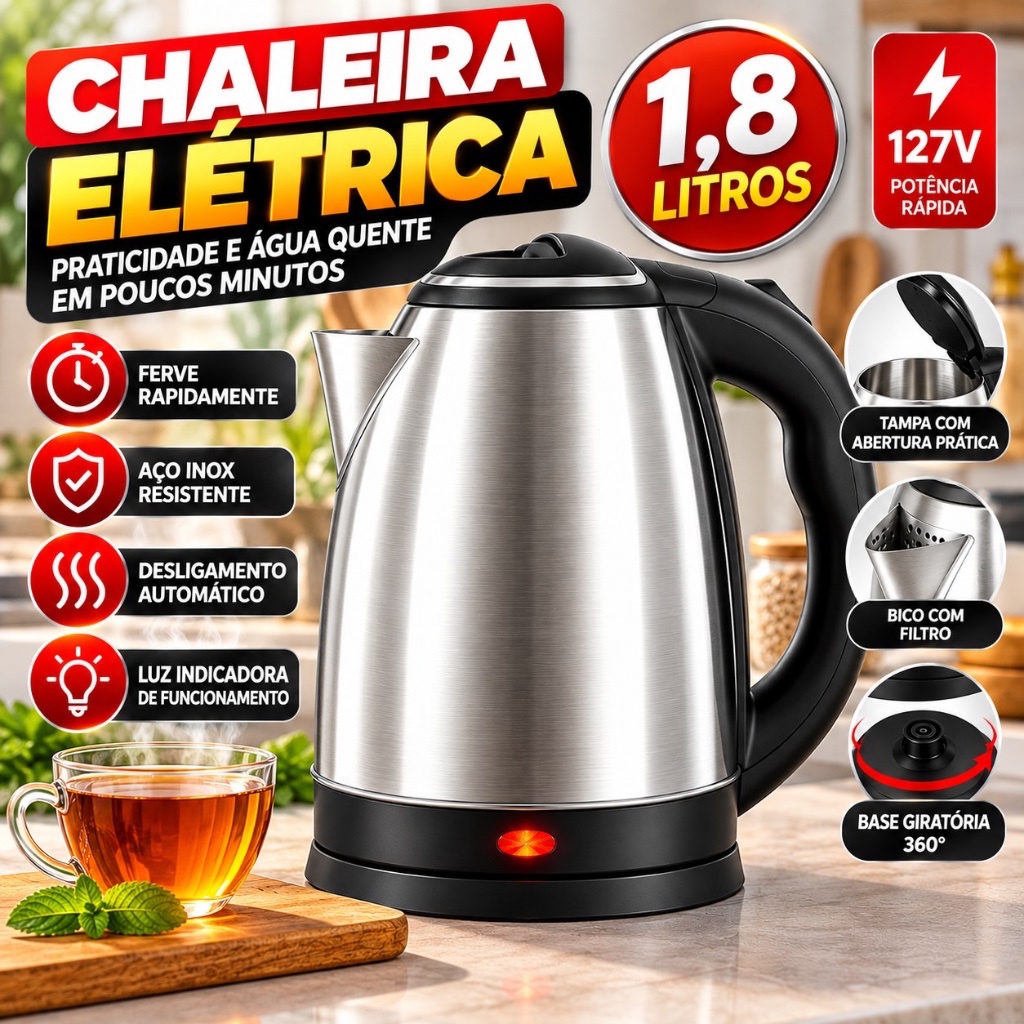 Chaleira Elétrica Inox 1,8L Atacama Térmica com Tampa Aquecimento Rápido