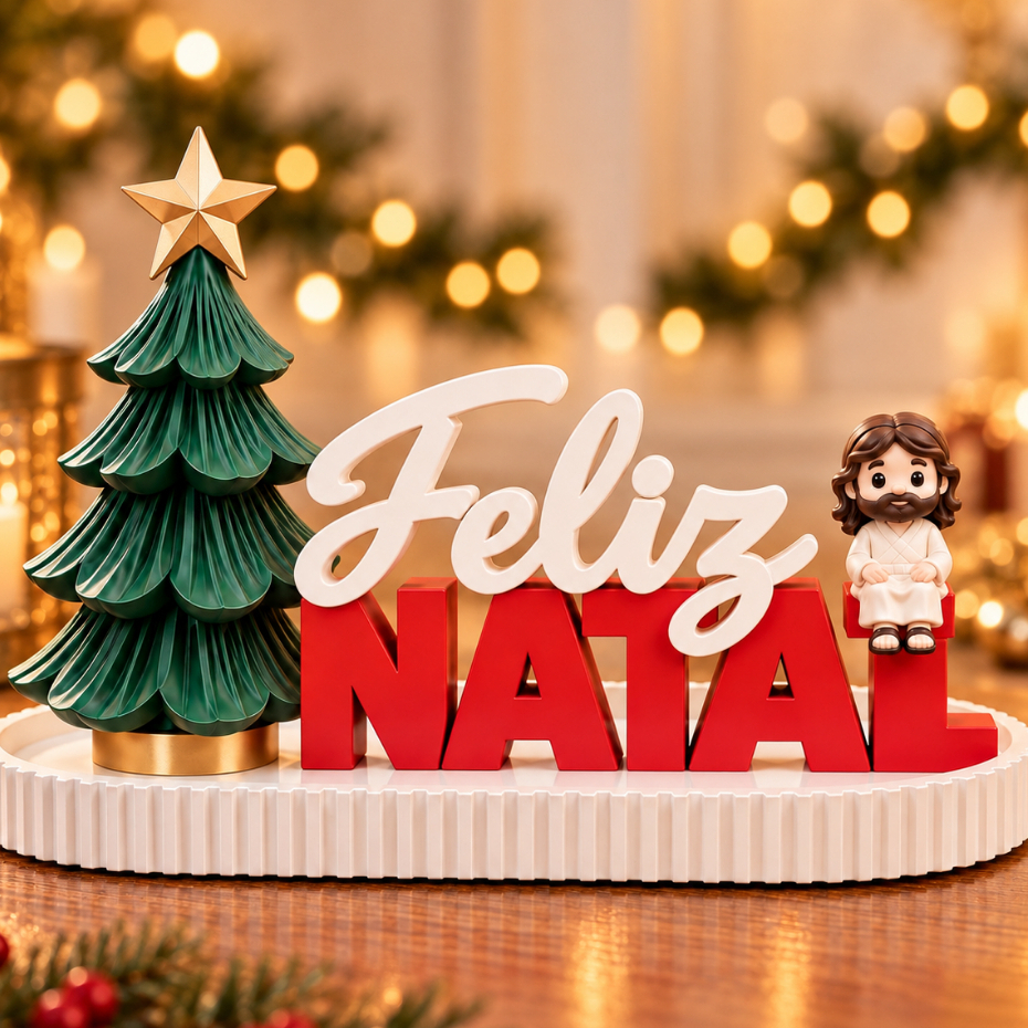 Decoração de Natal Feliz Natal com Mini Jesus e Árvore na Bandeja Branca | Kit Decorativo Premium