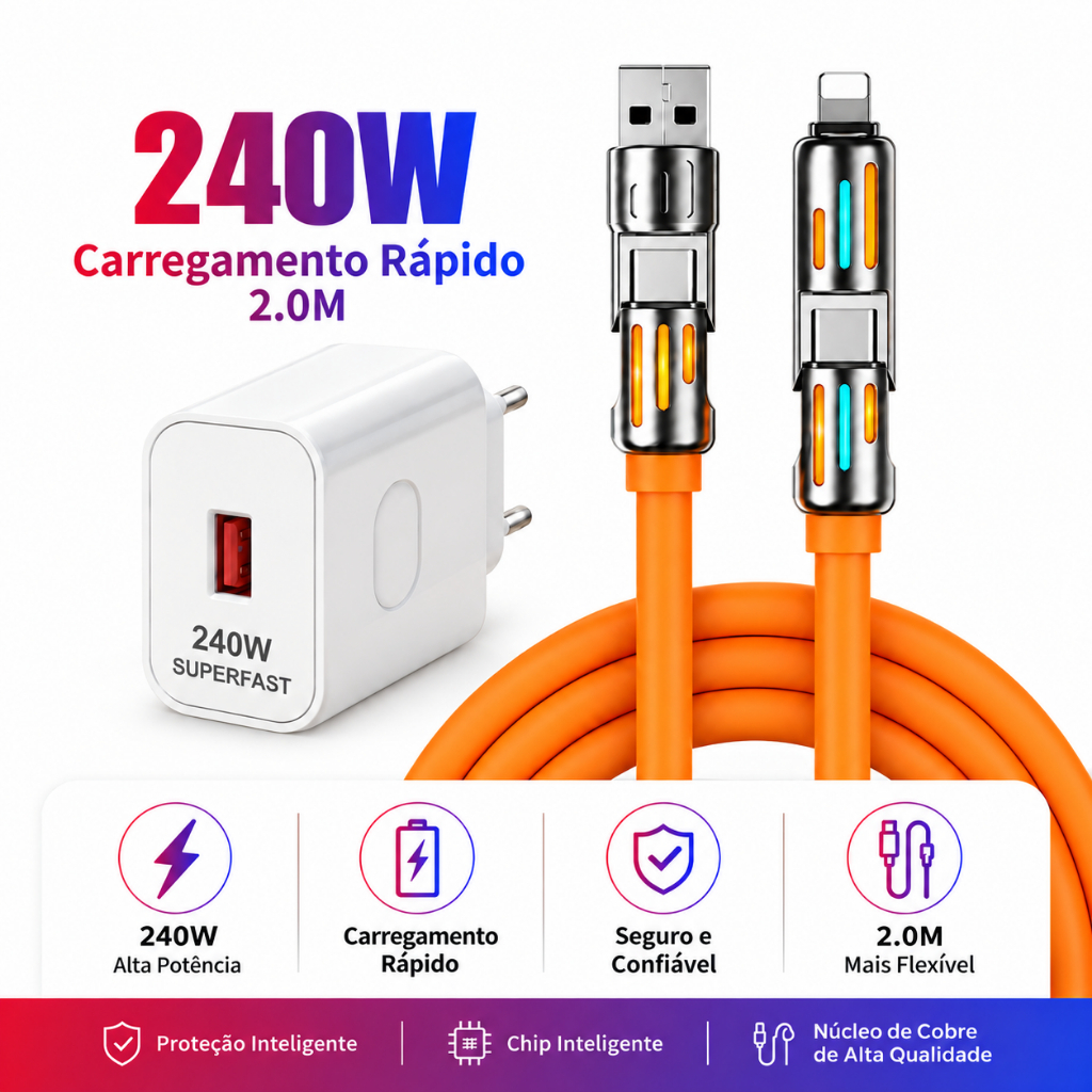 Kit Carregador 240W GaN PD Cabo USB C 4 em 1 Tipo C iP Carga Rápida Silicone LED Dados 1M 2M Compatível com Motorola