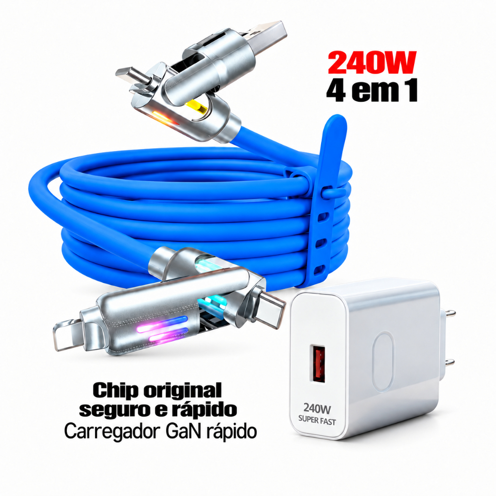 Carregador GaN 240W Kit Cabo 4 em 1 USB C USB A Tipo C iP Carga Turbo Silicone LED Dados 480Mbps para Celular