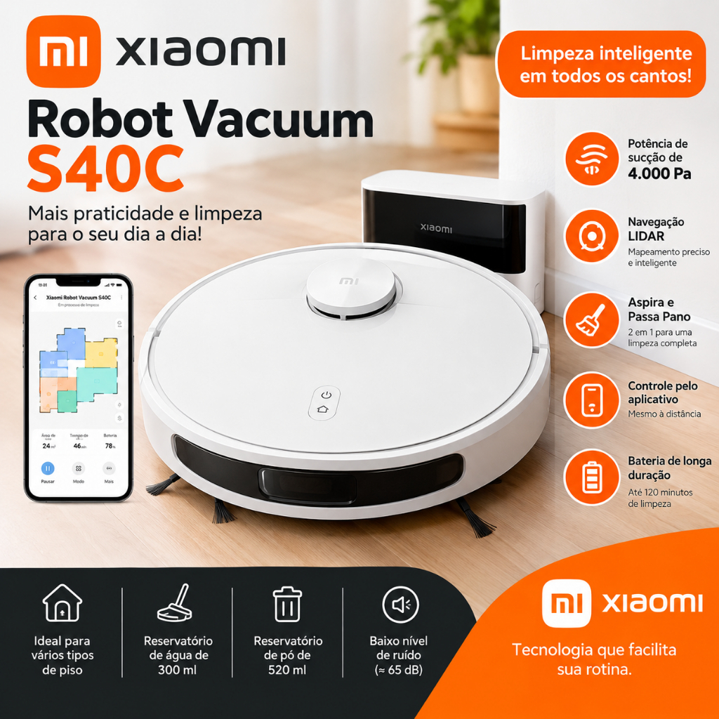 ROBOT XIAOMI VACUUM S40C Robô Aspirador Xiaomi S40C 5000Pa LDS Aspira e Passa Pano Wi-Fi