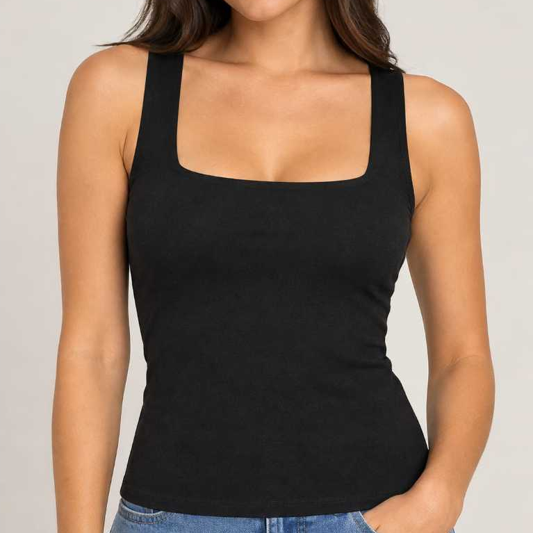 Regata Feminina Blusinha Decote Suplex Básica Lisa Moda Elagante Blogueira Tendência Forro Duplo