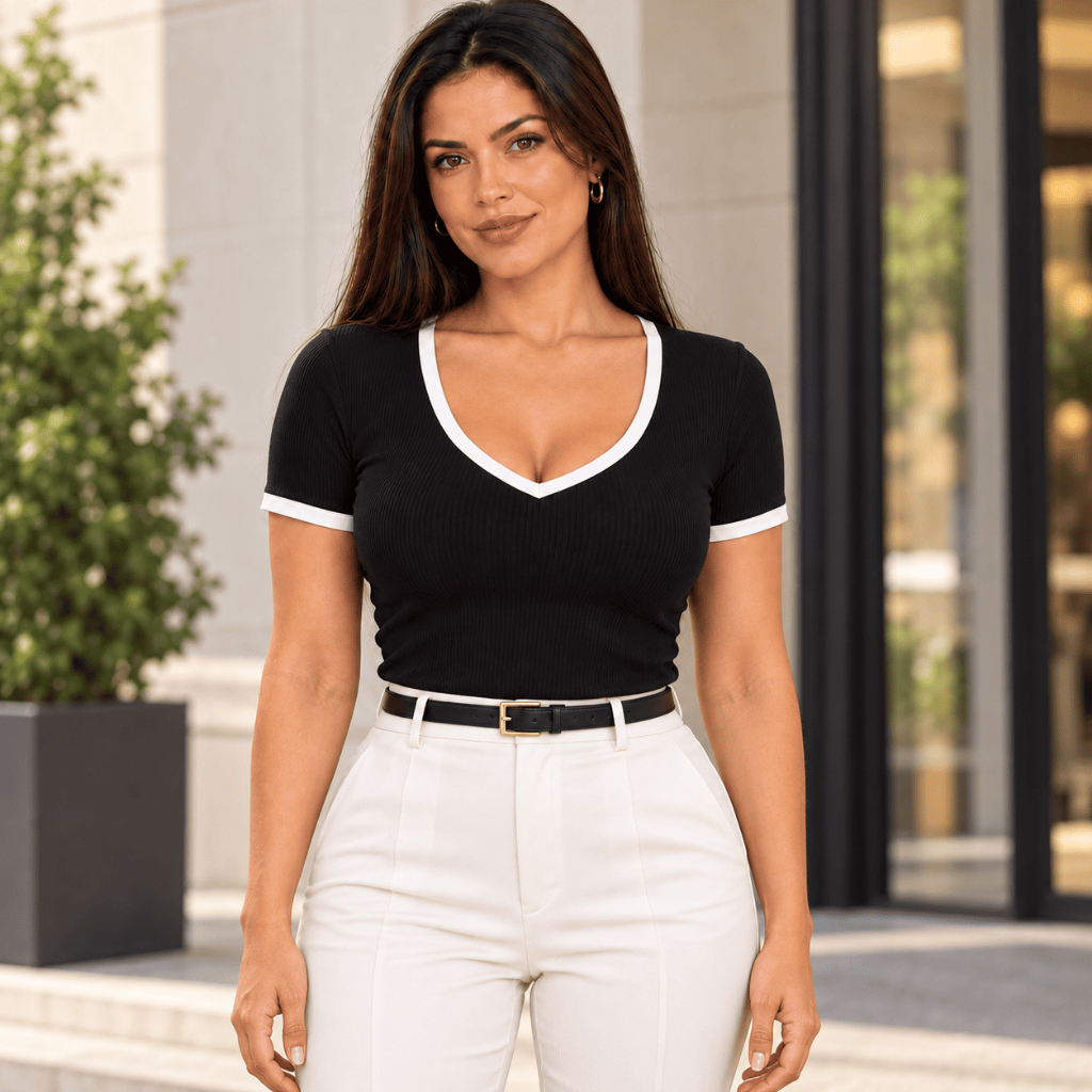 Blusa Feminina Ribana Canelada Básica Casual Estilosa Tendência Verão Elegante T-Shirt Camiseta Slim Fit Moda Feminina P