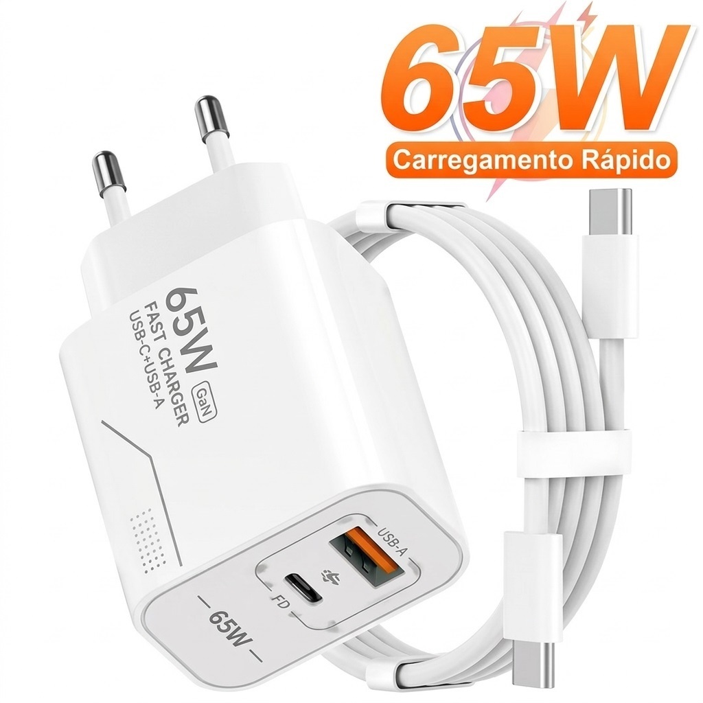 Carregador Turbo 65W GaN Fonte Dupla USB-C USB-A + Cabo 1M Bivolt Para Celular e Notebook