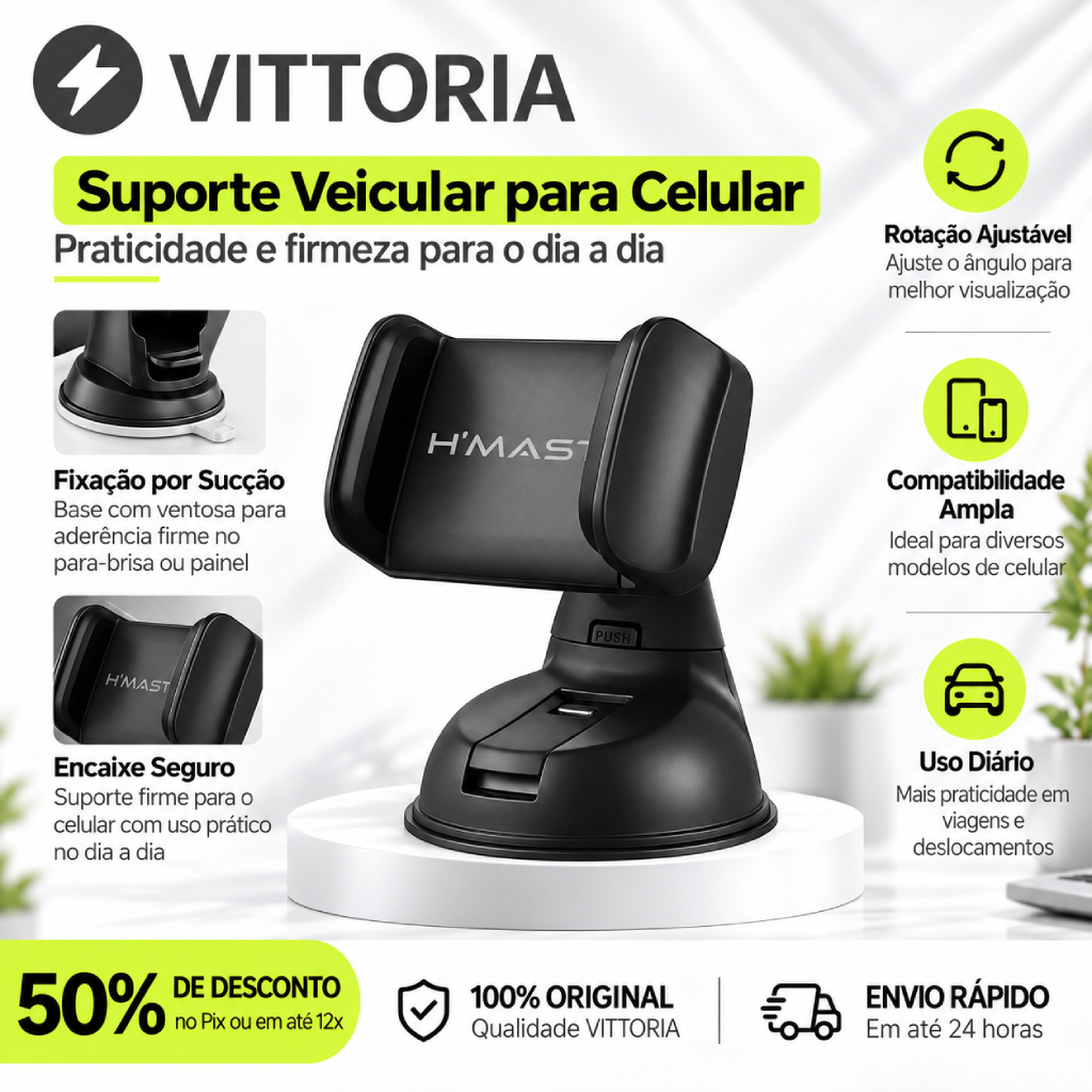 Suporte para Carro para Celular Gruda Painel e Para-brisa Suporte Celular Carro Ventosa Preto CJ-10