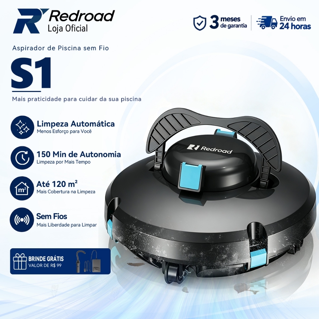 Aspirador de Piscina sem Fio Inteligente 150Min Limpeza Automática Piscinas Até 120m² Redroad S1