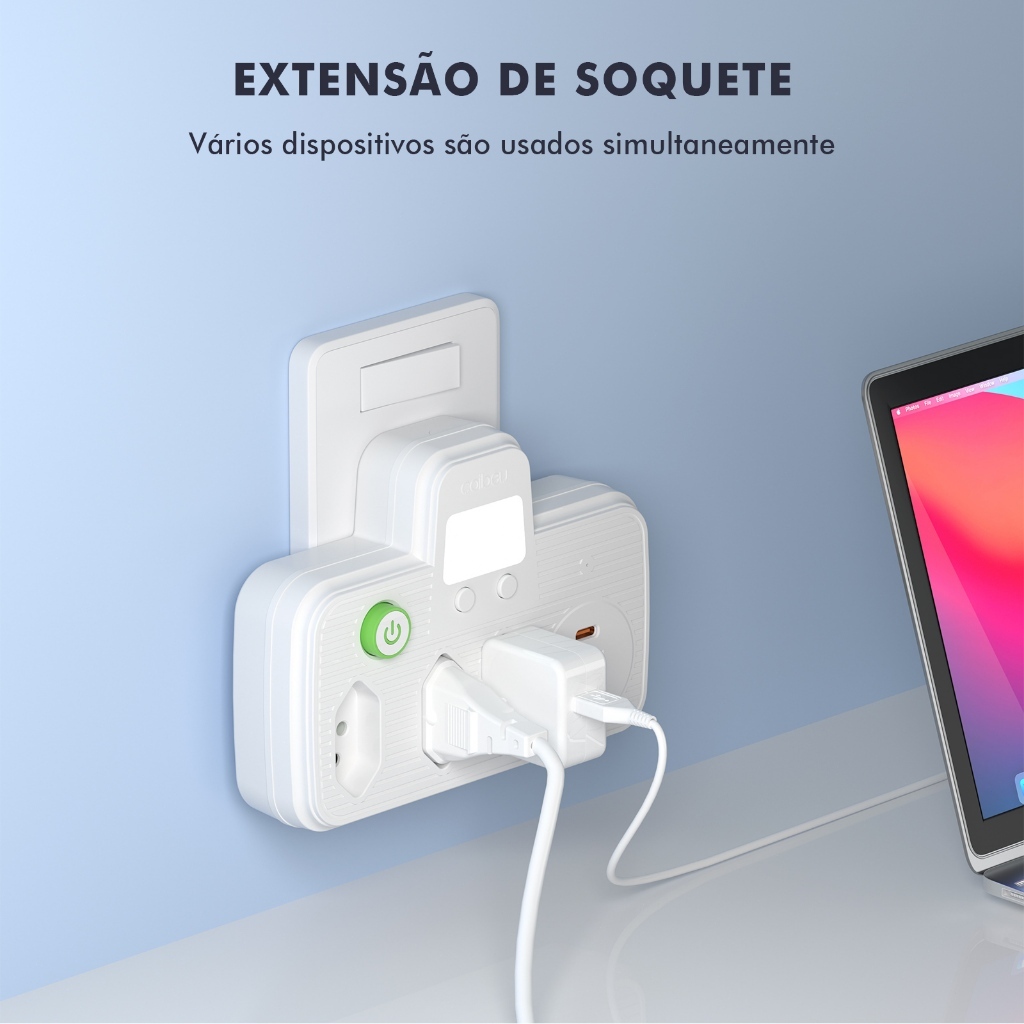 Adaptador de Tomada Extensão 4000W Bivolt 3 Tomadas + 2 USB + 1 Type-C Luz Noturna — imagem 2 de 2