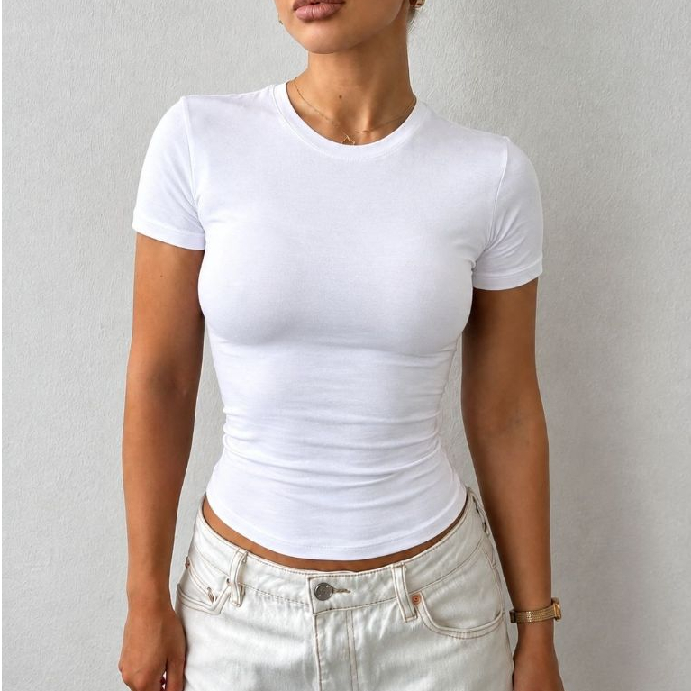 Camiseta Baby Look Feminina Branca Lisa Slim Fit Manga Curta Gola Redonda Casual