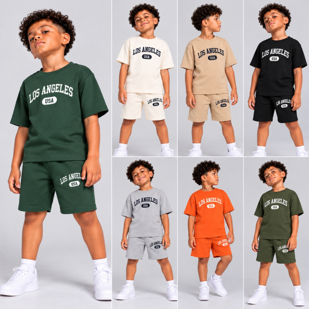 Conjunto Verão Cores Minimalistas Los Angeles Calor Infantil Unissex 1 a 8 anos (Blusa+Bermuda)