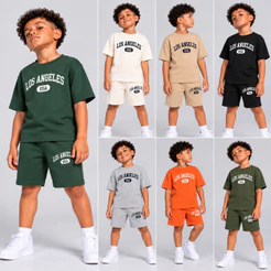 Conjunto Verão Cores Minimalistas Los Angeles Calor Infantil Unissex 1 a 8 anos (Blusa+Bermuda)