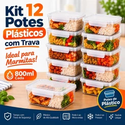 Kit 12 Potes Marmita 800ml Com Trava Lateral Freezer Microondas Organizadores