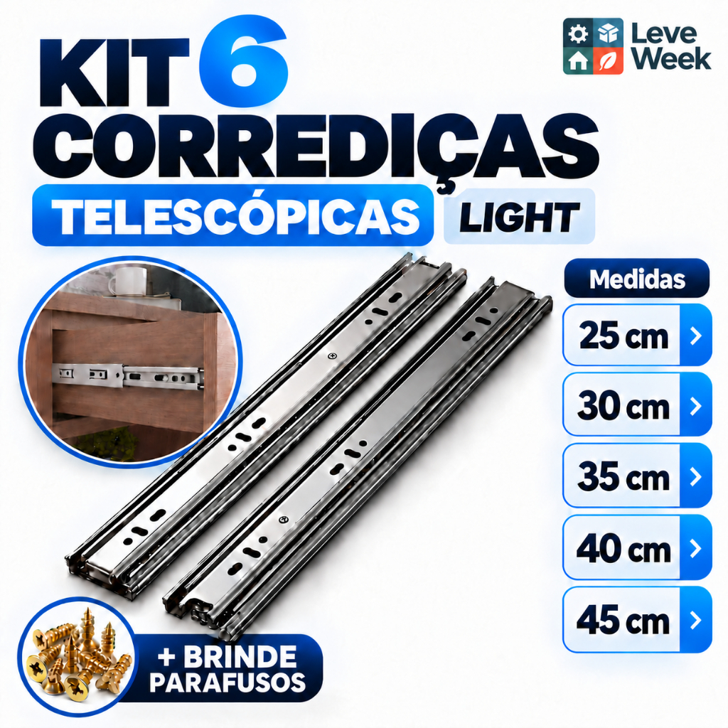 Kit 6 Corrediças Telescópicas Light Para Gaveta 3 Pares Trilhos 25cm a 45cm Aço Zincado Para Móveis