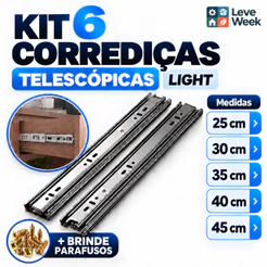 Kit 6 Corrediças Telescópicas Light Para Gaveta 3 Pares Trilhos 25cm a 45cm Aço Zincado Para Móveis