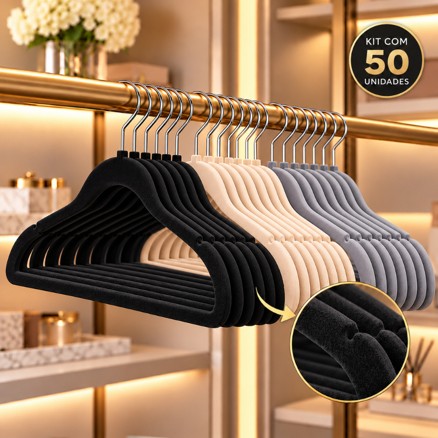 Kit Jogo 50 Cabides de Veludo Slim Adulto 360° Antideslizante Para Roupas