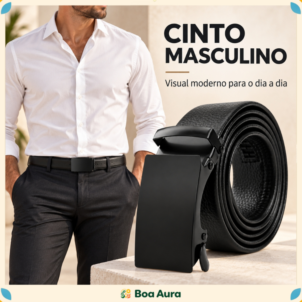 Cinto Masculino Automático Ajustável 115cm Fivela Preta de Metal 4cm Social Casual Elegante