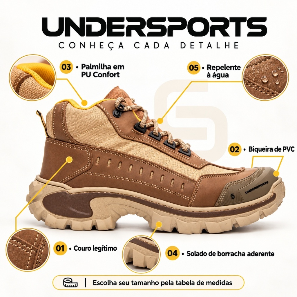 Bota Undersports para trabalho com CA, de segurança masculina cadarço, botina de solado tratorado