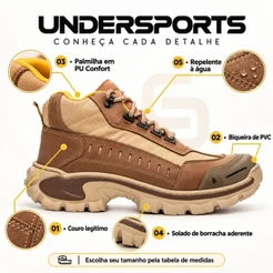Bota Undersports para trabalho com CA, bota de segurança masculina com cadarço, botina de trabalho com solado tratorado,