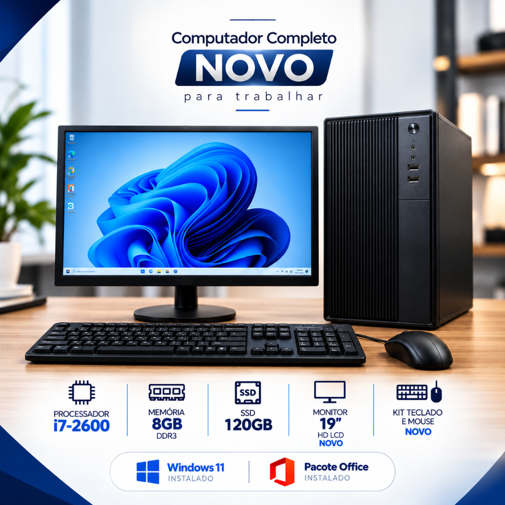 Computador Novo - Intel i7, 8GB, SSD 120GB Completo para Trabalhar Home Office, Windows 11, Office