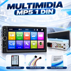 Central Multimídia MP5 1 DIN Tela 7 Polegadas Touch Bluetooth Rádio AM FM Espelhamento USB
