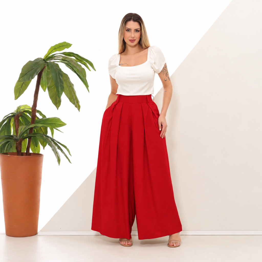 Calça Feminina Pantalona Wide Leg, Com Bolsos, Caimento Leve e Visual Elegante 3102