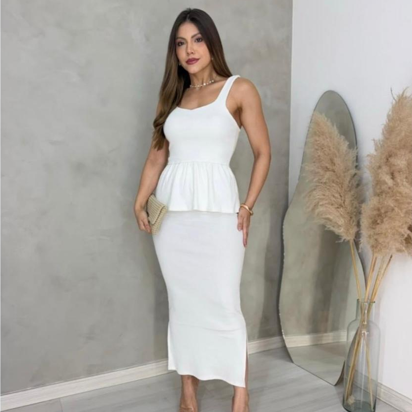Conjunto Feminino Saia Longa e Blusa Peplum Regata Elegante Casual Moda Evangélica Social Feminina Look Sofisticado para