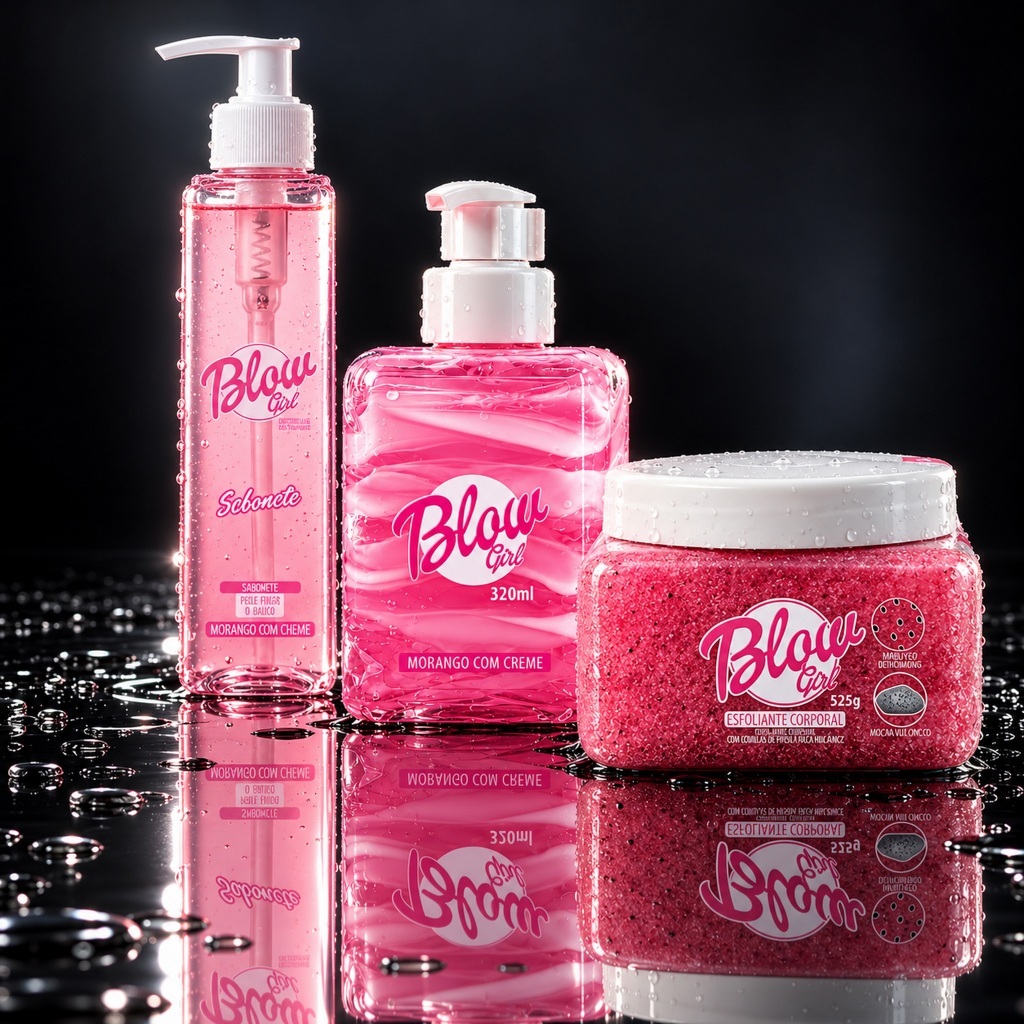 Kit Banho Corporal Blow Girl Morango com Creme 3 Itens Sabonete Liquido 200ml Esfoliante 525g Hidratante 320ml