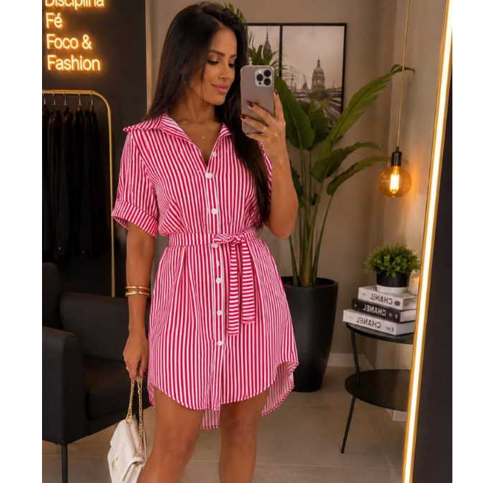 Vestido Chemise Feminino Curto Listrado Camisão Manga Curta com Faixa e Botões / Casual Elegante / Gestante Maternidade