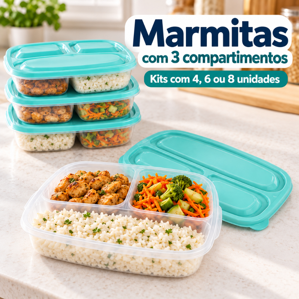Pote para Marmita com 3 Divisórias e Tampa Livre de BPA Kit com 4 6 ou 8 Unidades