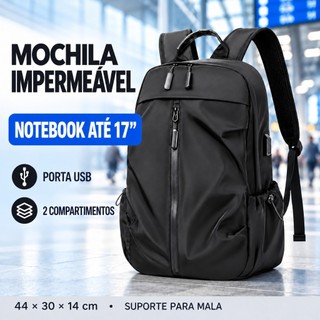 Mochila Notebook 17” Impermeável USB Reforçada, 2 Compartimentos 2 Bolsos Laterais Reguláveis e Suporte - ENVIO IMEDIATO